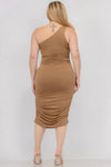 Plus Size Sexy Solid Color Ruched One Shoulder Midi Bodycon Dress - KIOKO