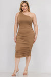 Plus Size Sexy Solid Color Ruched One Shoulder Midi Bodycon Dress - KIOKO