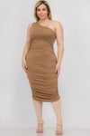 Plus Size Sexy Solid Color Ruched One Shoulder Midi Bodycon Dress - KIOKO