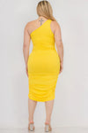 Plus Size Sexy Solid Color Ruched One Shoulder Midi Bodycon Dress - KIOKO