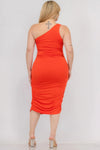 Plus Size Sexy Solid Color Ruched One Shoulder Midi Bodycon Dress - KIOKO