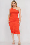 Plus Size Sexy Solid Color Ruched One Shoulder Midi Bodycon Dress - KIOKO