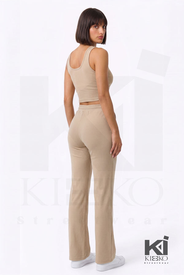 Miss Understood Ribbed Tank Top And Pant Set Beige - KIOKO