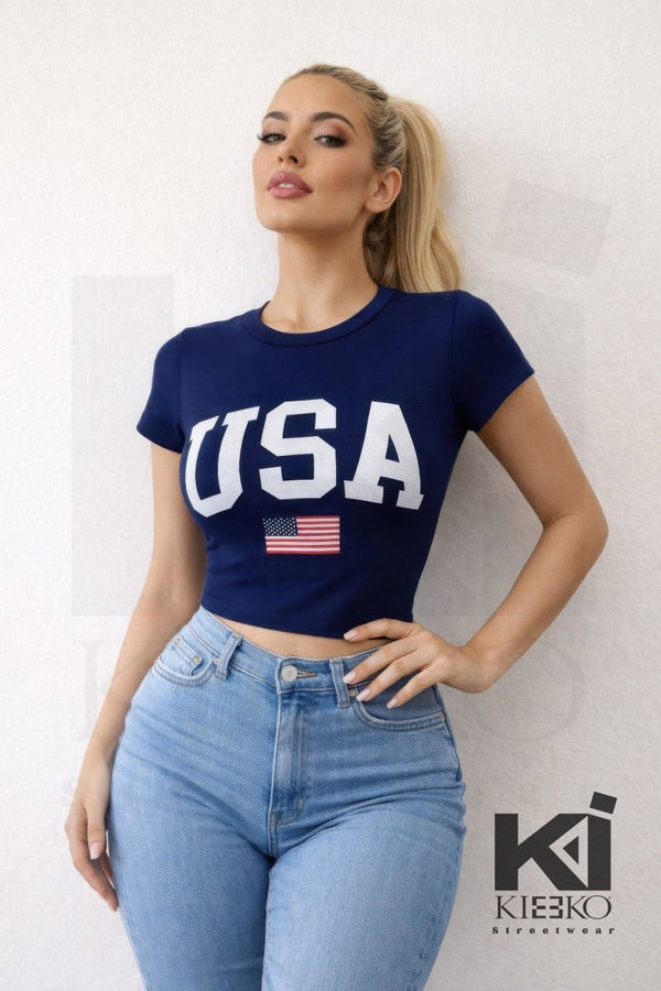 USA Fitted Crop Top T-Shirt - KIOKO