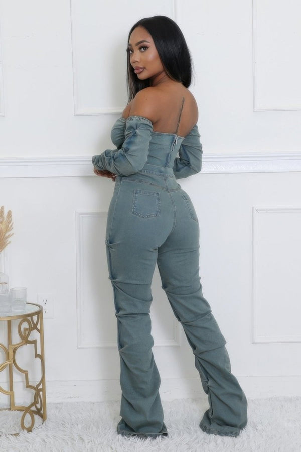 Denim Off The Shoulder Stretch Pant Set - KIOKO