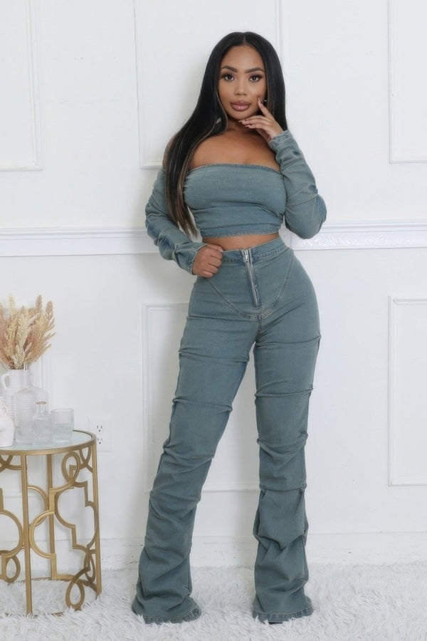 Denim Off The Shoulder Stretch Pant Set - KIOKO