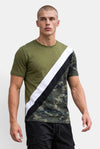 KIOKO men's short-sleeve t-shirt featuring an olive green, white, black, and camo color-block diagonal design.