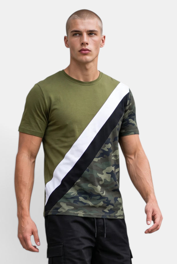 KIOKO men's short-sleeve t-shirt featuring an olive green, white, black, and camo color-block diagonal design.