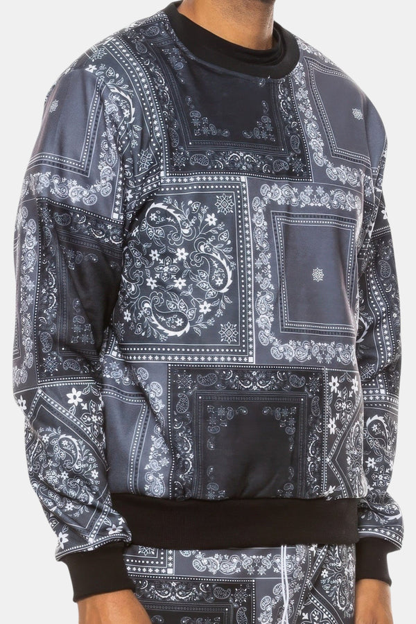 KIOKO Crenshaw Paisley Bandana Print black crewneck sweatshirt with long sleeves and ribbed cuffs