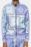 KIOKO Crenshaw Paisley Bandana track jacket in lavender with a full-zip front and all-over digital paisley print.