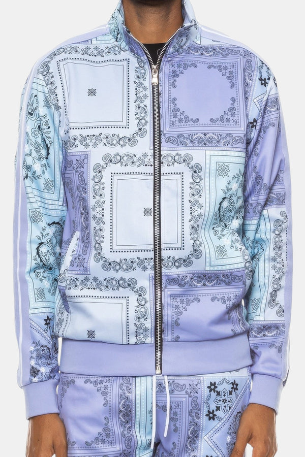 KIOKO Crenshaw Paisley Bandana track jacket in lavender with a full-zip front and all-over digital paisley print.