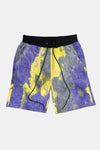 KIOKO Cypher tie-dye jogger shorts in purple and yellow cotton with an elastic drawstring waistband and side pockets.