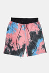 KIOKO Cypher tie-dye jogger shorts in blue, pink, and black cotton with an elastic drawstring waistband.