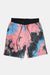 KIOKO Cypher tie-dye jogger shorts in blue, pink, and black cotton with an elastic drawstring waistband.