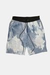 KIOKO Cypher tie-dye jogger shorts in white and blue cotton with a black elastic waistband and drawstring.