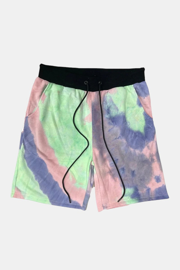KIOKO Cypher tie-dye jogger shorts in pastel blue, pink, and lime green with a black elastic drawstring waistband.
