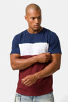 KIOKO Eastside colorblock t-shirt in navy, white, and maroon worn by a man against a plain background