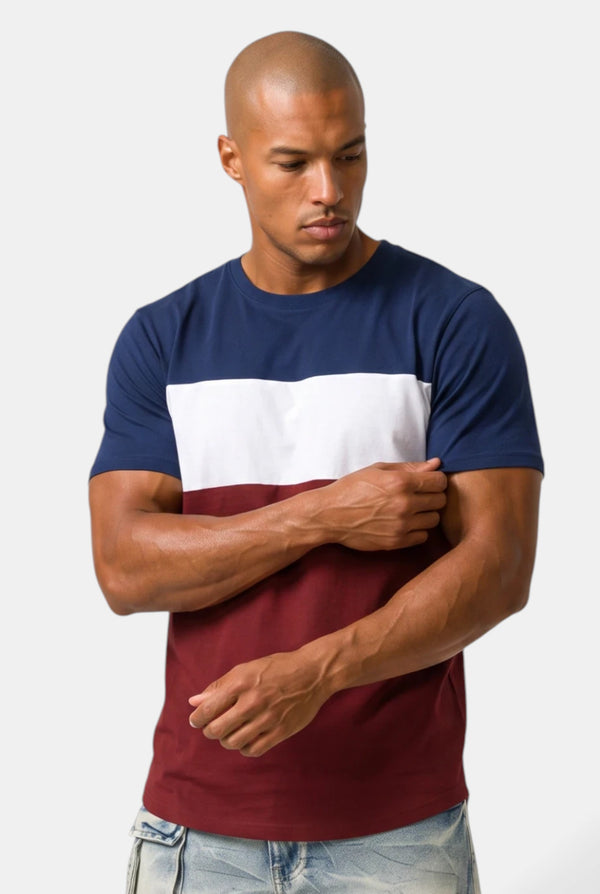 KIOKO Eastside colorblock t-shirt in navy, white, and maroon worn by a man against a plain background