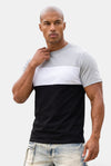 KIOKO Eastside Colorblock T-shirt in grey, white, and black worn by a model against a plain white background.