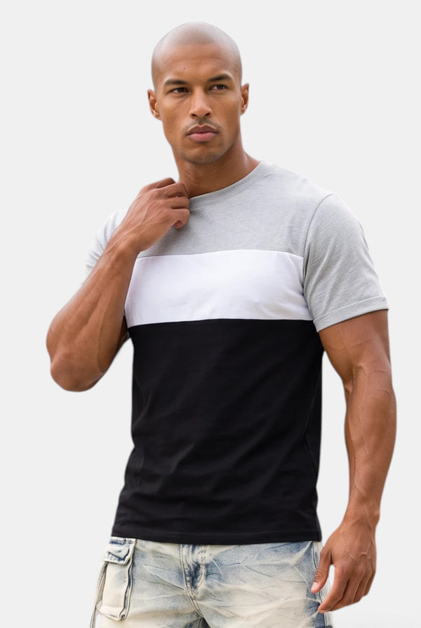 KIOKO Eastside Colorblock T-shirt in grey, white, and black worn by a model against a plain white background.