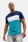 KIOKO Eastside colorblock t-shirt in navy, white, and teal worn by a man with a round neckline and short sleeves
