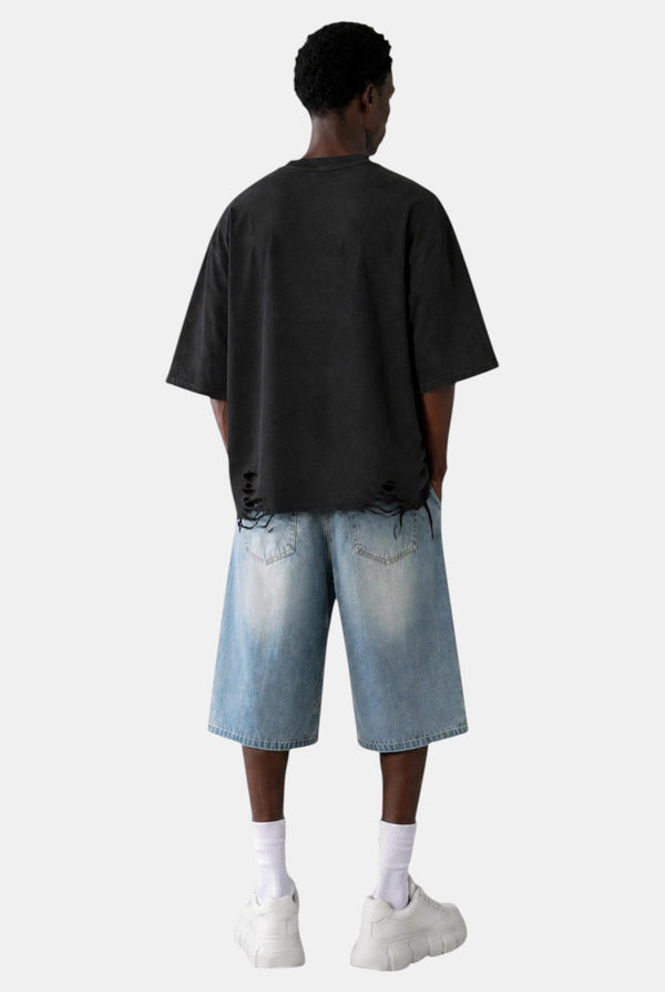 KIOKO Faith Over Fear unisex black heavyweight cotton t-shirt with drop shoulders and distressed raw hem back view