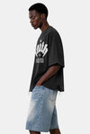KIOKO Faith Over Fear black heavyweight cotton streetwear t-shirt with drop shoulders and distressed raw hem details.