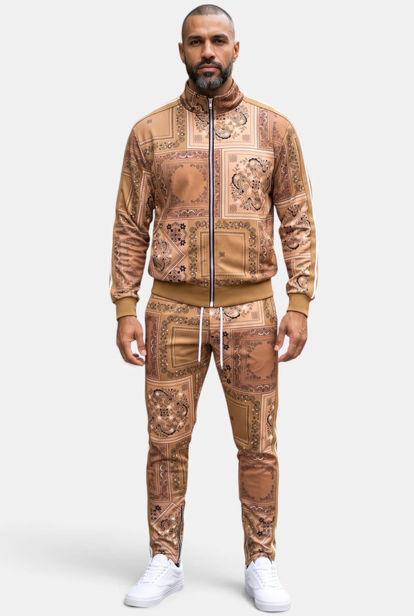 KIOKO Crenshaw paisley bandana track jacket and matching pants in khaki with a full-zip front and regular fit.