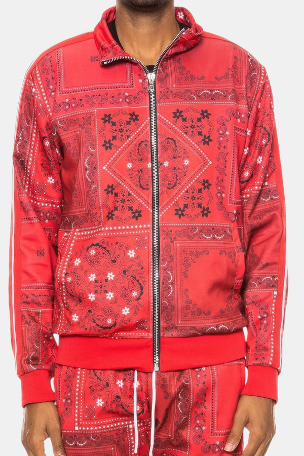 KIOKO red paisley bandana print track jacket with a full-zip front and comfortable regular fit for men