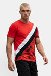 KIOKO Steeze Camo Colorblock T-shirt in red, white, and black with a diagonal design worn by a male model