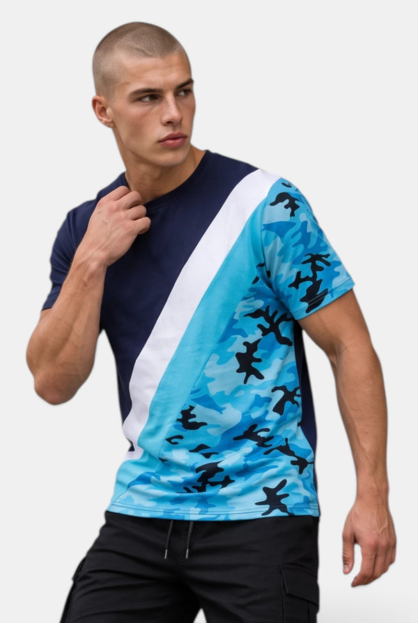 KIOKO Steeze camo colorblock t-shirt in navy and blue worn by a man with a short haircut against a white background.