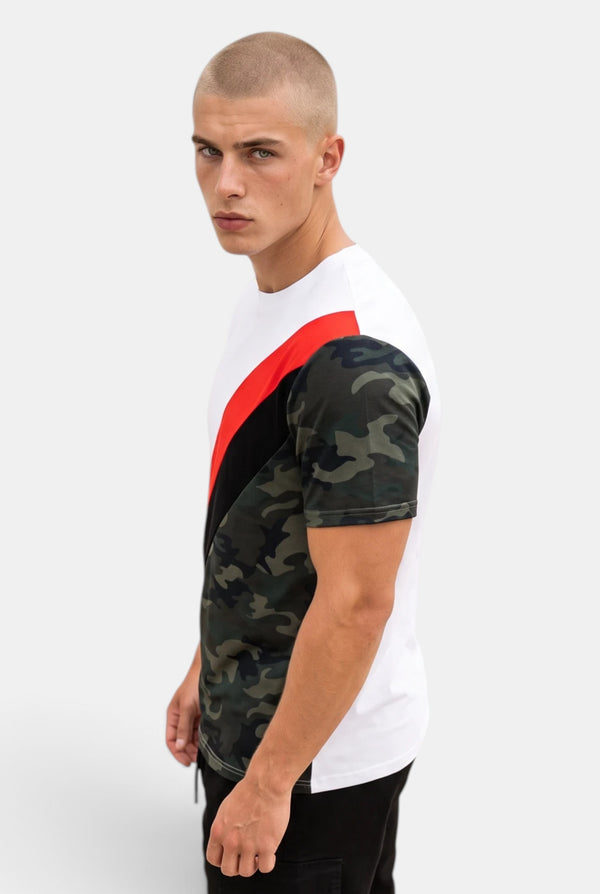 KIOKO Steeze Camo Colorblock T-shirt on a male model featuring white, red, black, and camo panels.