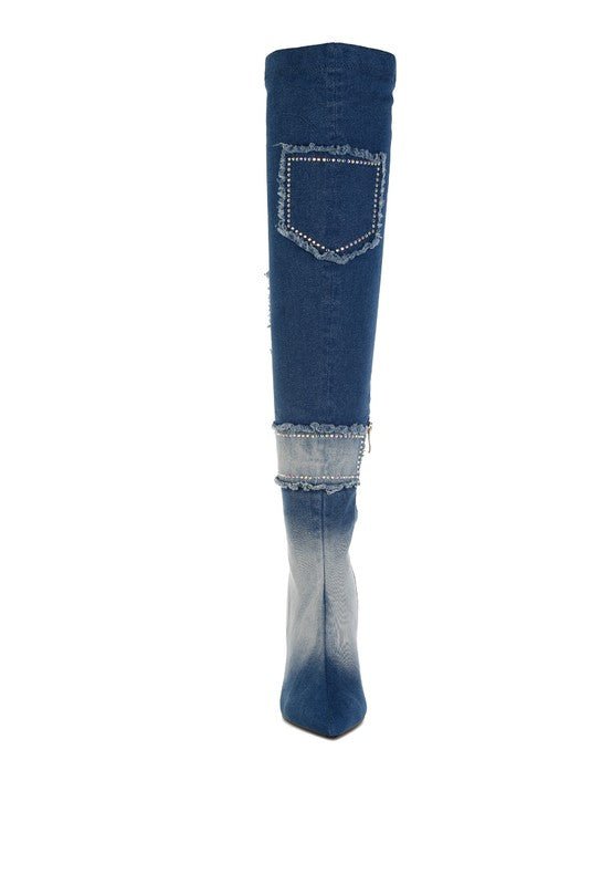 Monique Rhinestones Knee High Denim Boots - KIOKO