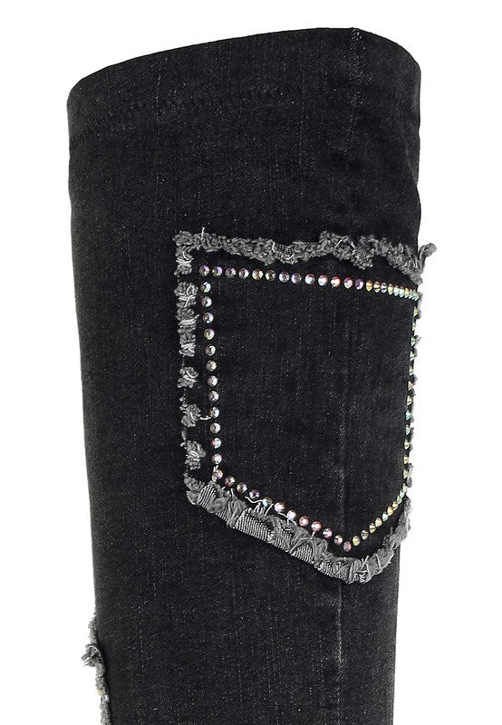 Monique Rhinestones Knee High Denim Boots - KIOKO