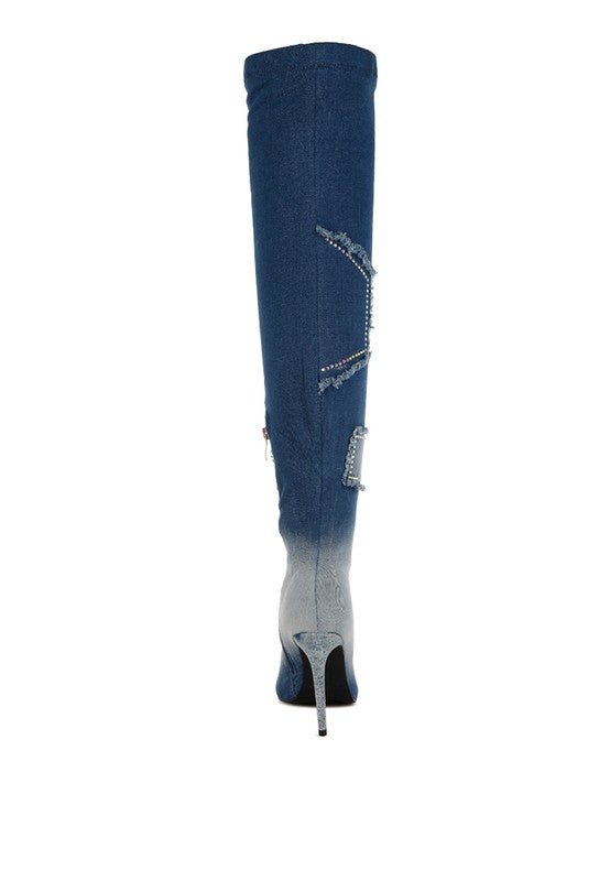 Monique Rhinestones Knee High Denim Boots - KIOKO