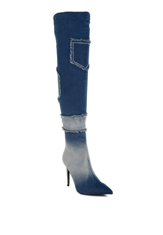 Monique Rhinestones Knee High Denim Boots - KIOKO