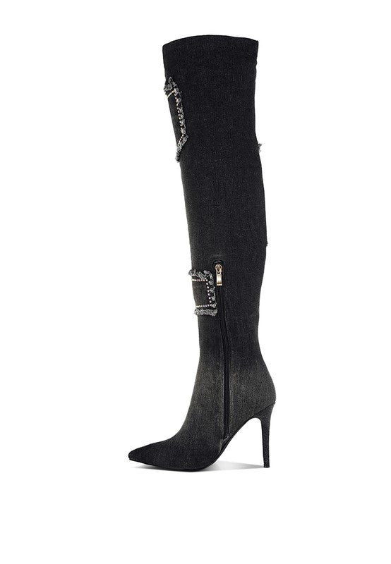 Monique Rhinestones Knee High Denim Boots - KIOKO