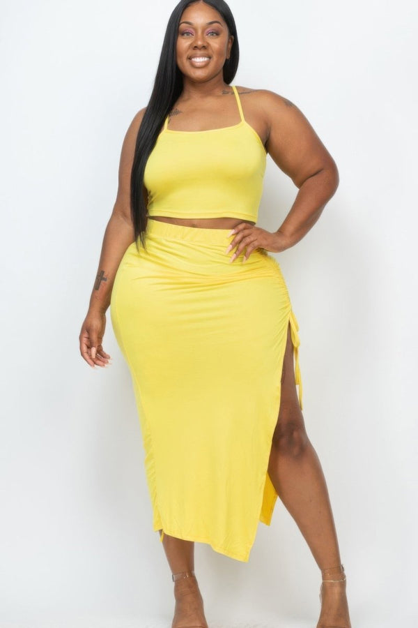 Plus Size Cami Crop Top & Ruched Side Split Hem Midi Skirt Set - KIOKO