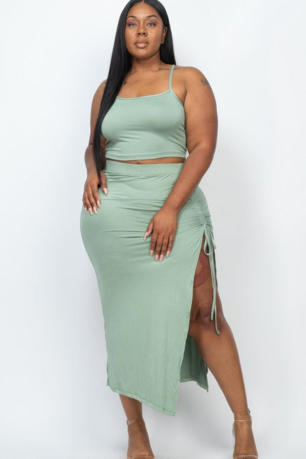 Plus Size Cami Crop Top & Ruched Side Split Hem Midi Skirt Set - KIOKO
