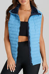 Sky Blue Plush Collared Quilted Zipped Puffer Vest - KIOKO