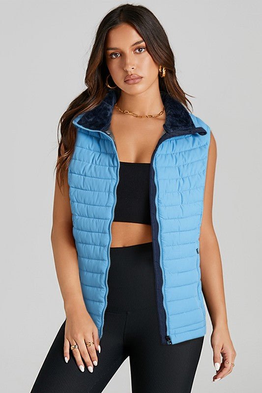 Sky Blue Plush Collared Quilted Zipped Puffer Vest - KIOKO